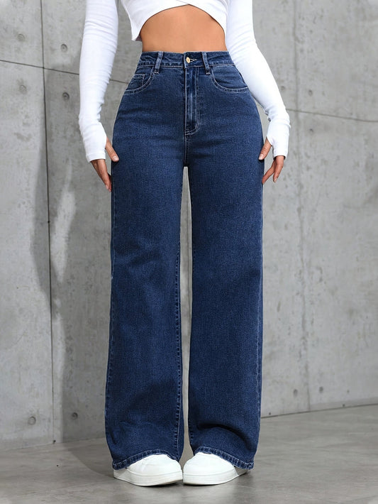 Effortless Relaxed Blue Wide Leg Jeans for Women with High Waist Flowing Style
