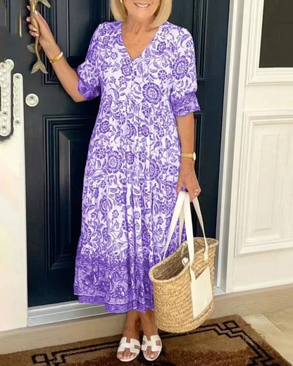 Stylish Flowy Floral Maxi Dress for Women with V Neck