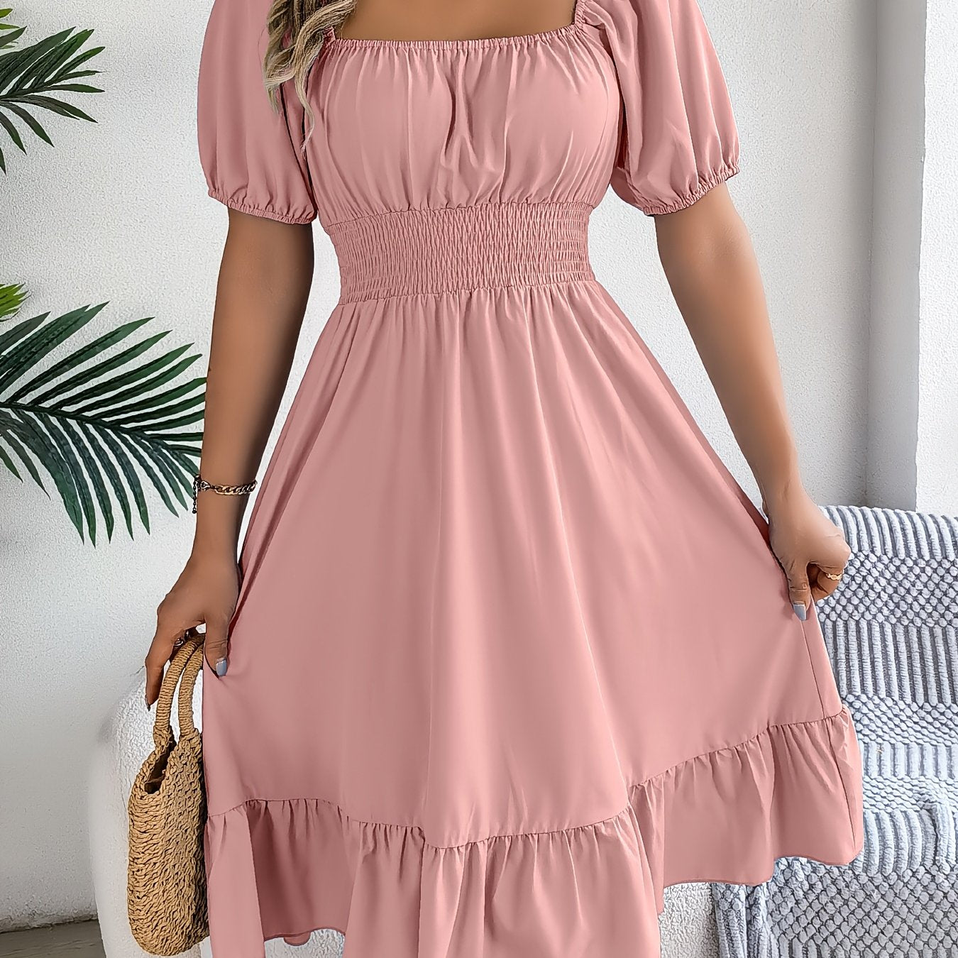 Elegant Evening Dress for Women with Square Neck Puff Sleeve A Line Formal Wedding Guest Style
