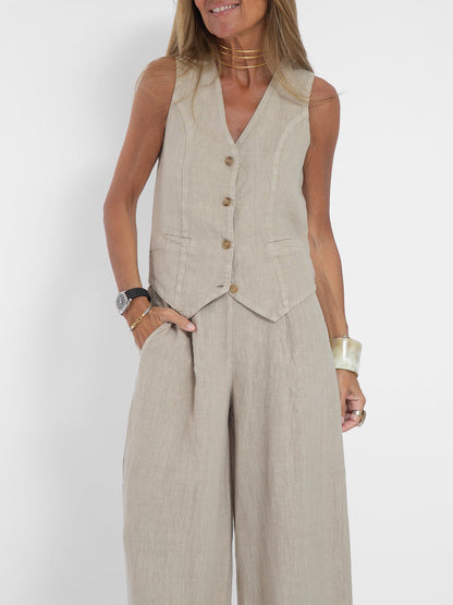 Comfortable Two Piece Set for Women with V Neck Sleeveless Wide Leg