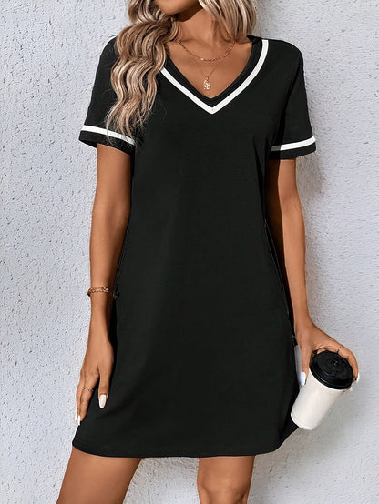 Elegant Color Block Evening Dress for Women with V Neck Shift Formal Wedding Guest Style