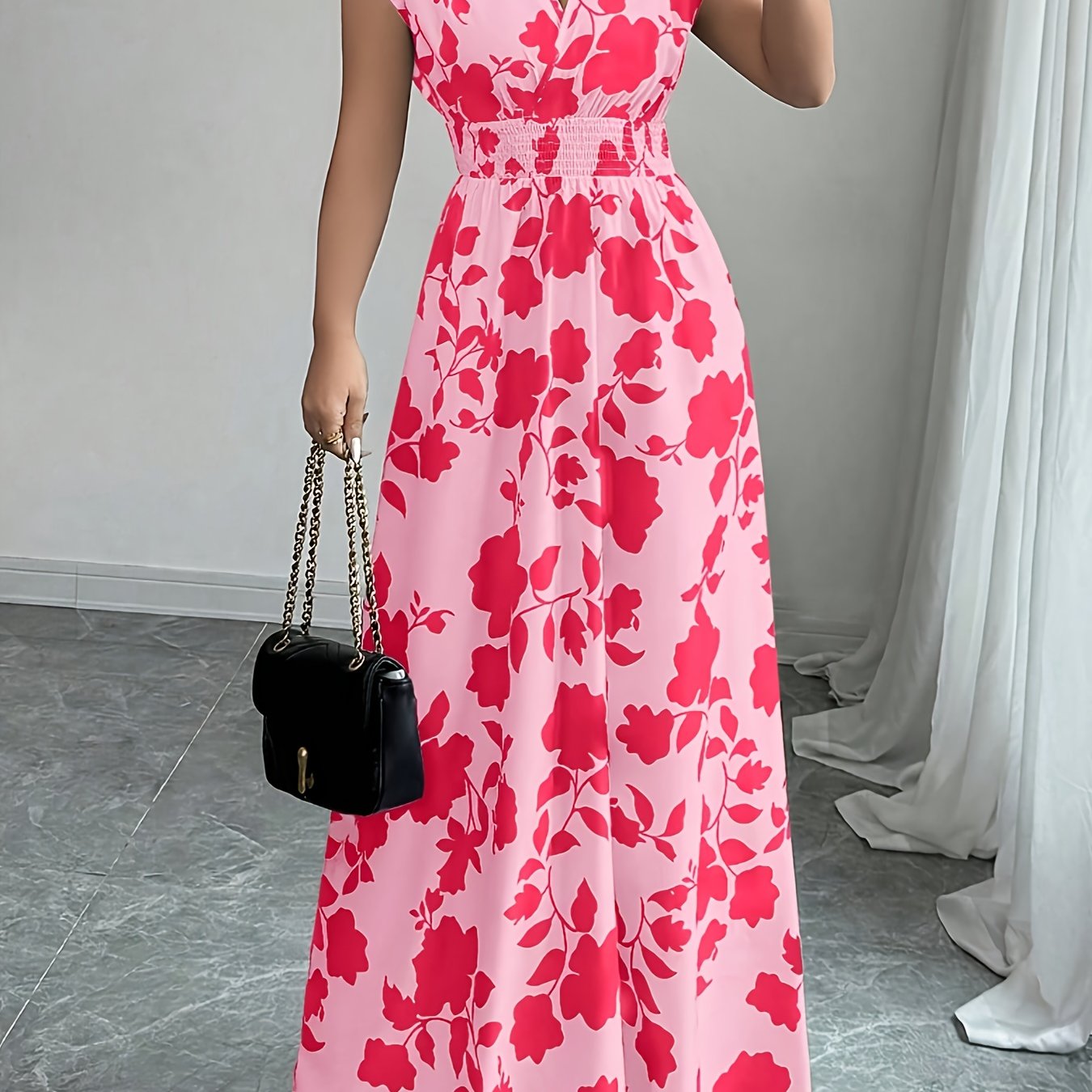 Elegant Floral Maxi Dress for Women with V Neck
