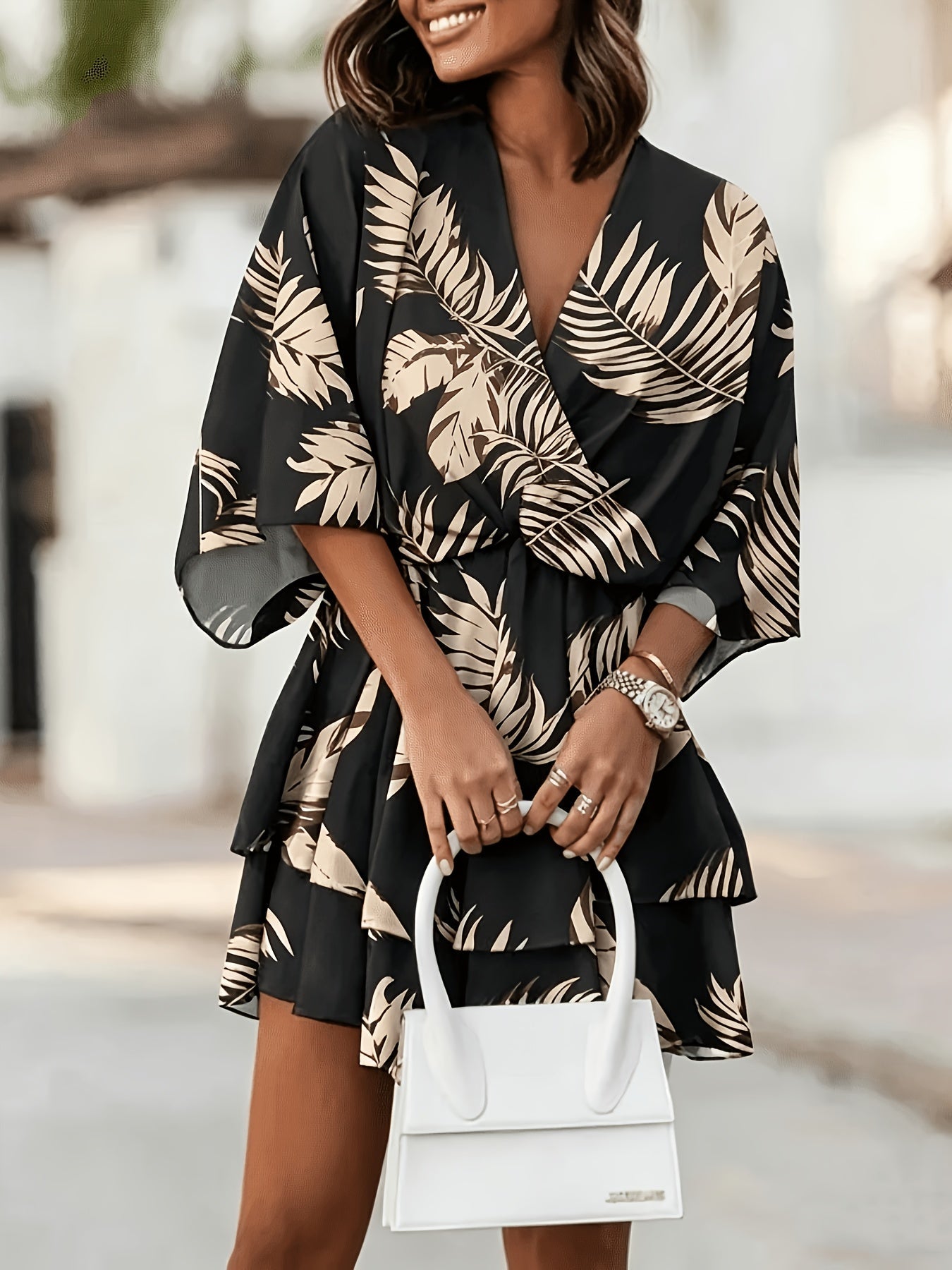 Effortless Wrap Mini Dress for Women with V Neck Batwing Sleeve