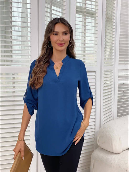 Elegant Blouse for Women with V Neck Roll Tab Sleeve
