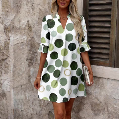 Effortless Polka Dot Mini Dress for Women with V Neck Flared Sleeve