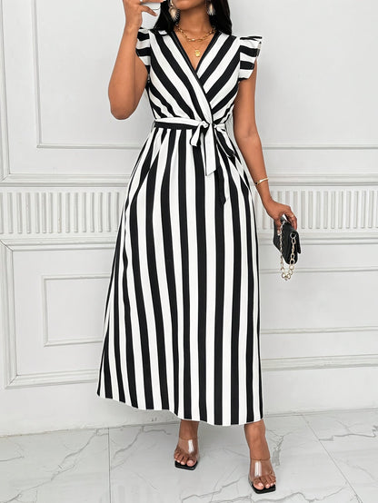 Stylish Striped Wrap Maxi Dress for Women with Ruffle Sleeve