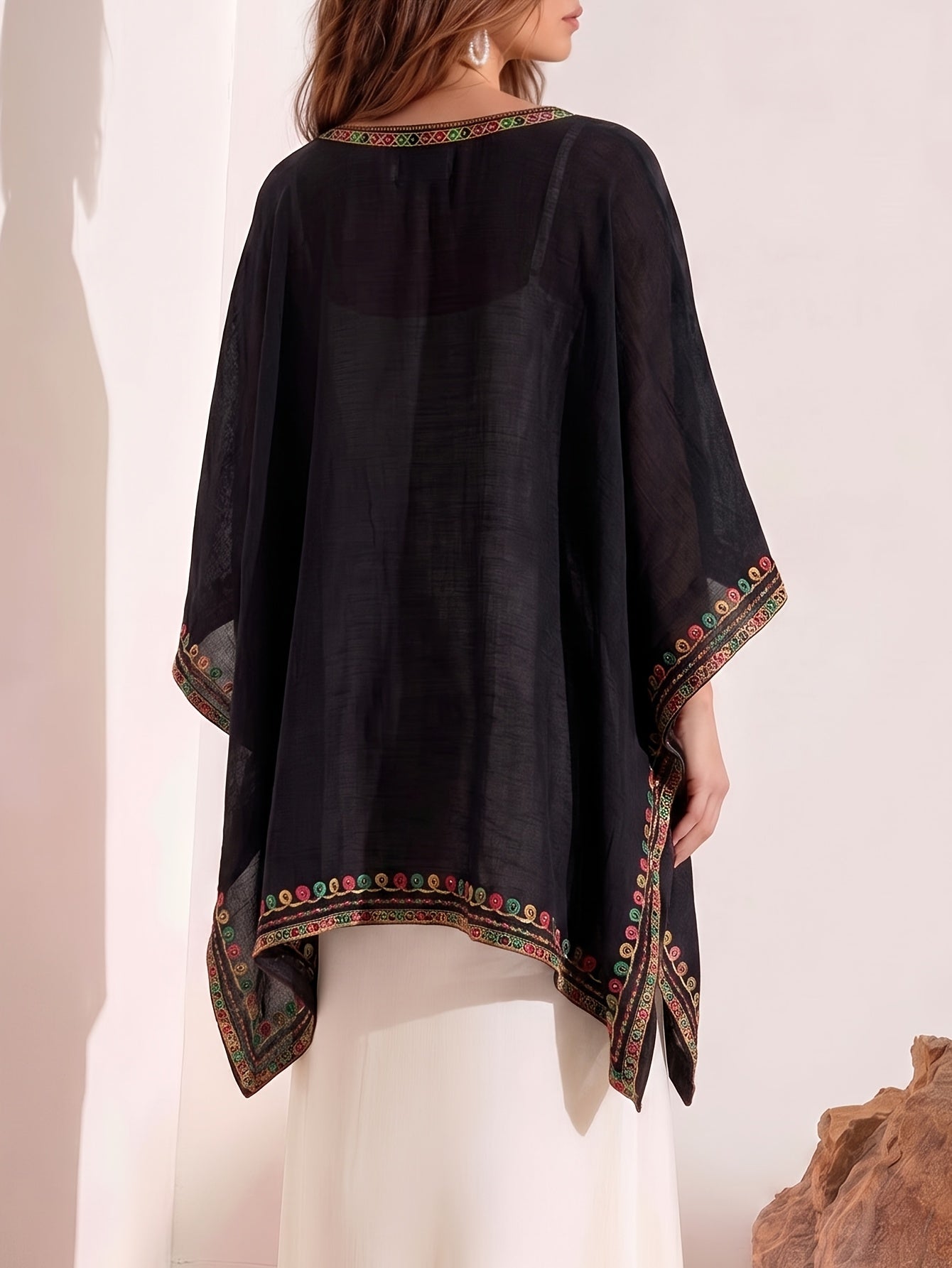 Effortless Poncho Shirts for Women with V-Neck Embroidered Trim Batwing Sleeve Style