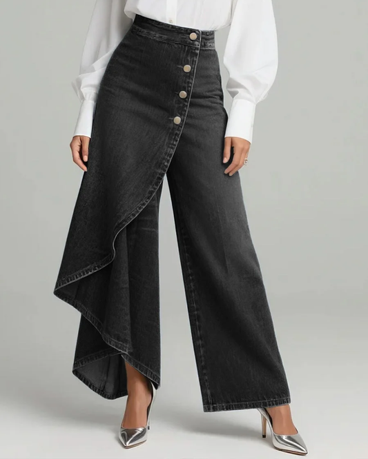 Elegant Relaxed Black Wide Leg Jeans for Women with High Waist Asymmetric Hem Style