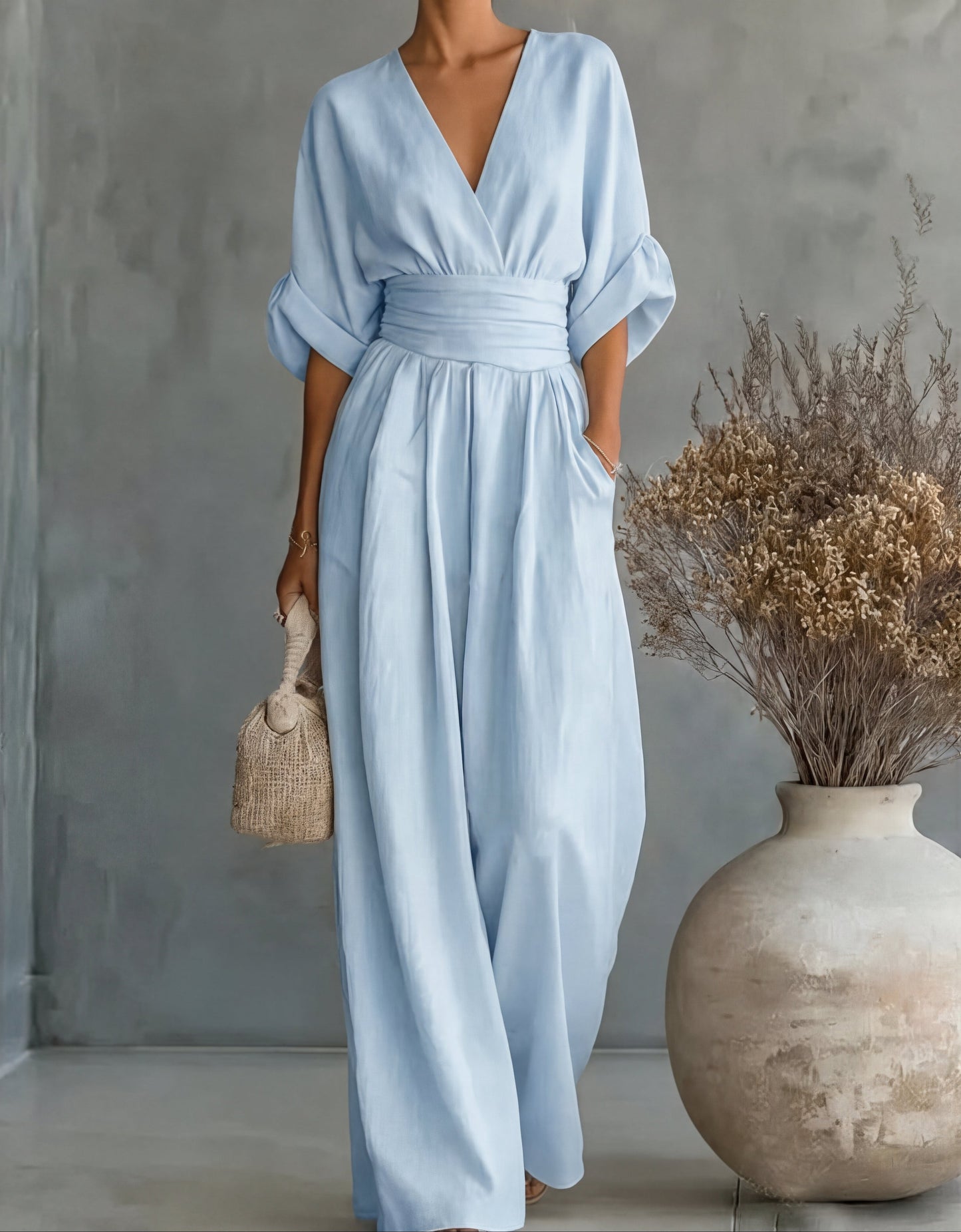 Comfortable Jumpsuit for Women with V Neck Wide Leg
