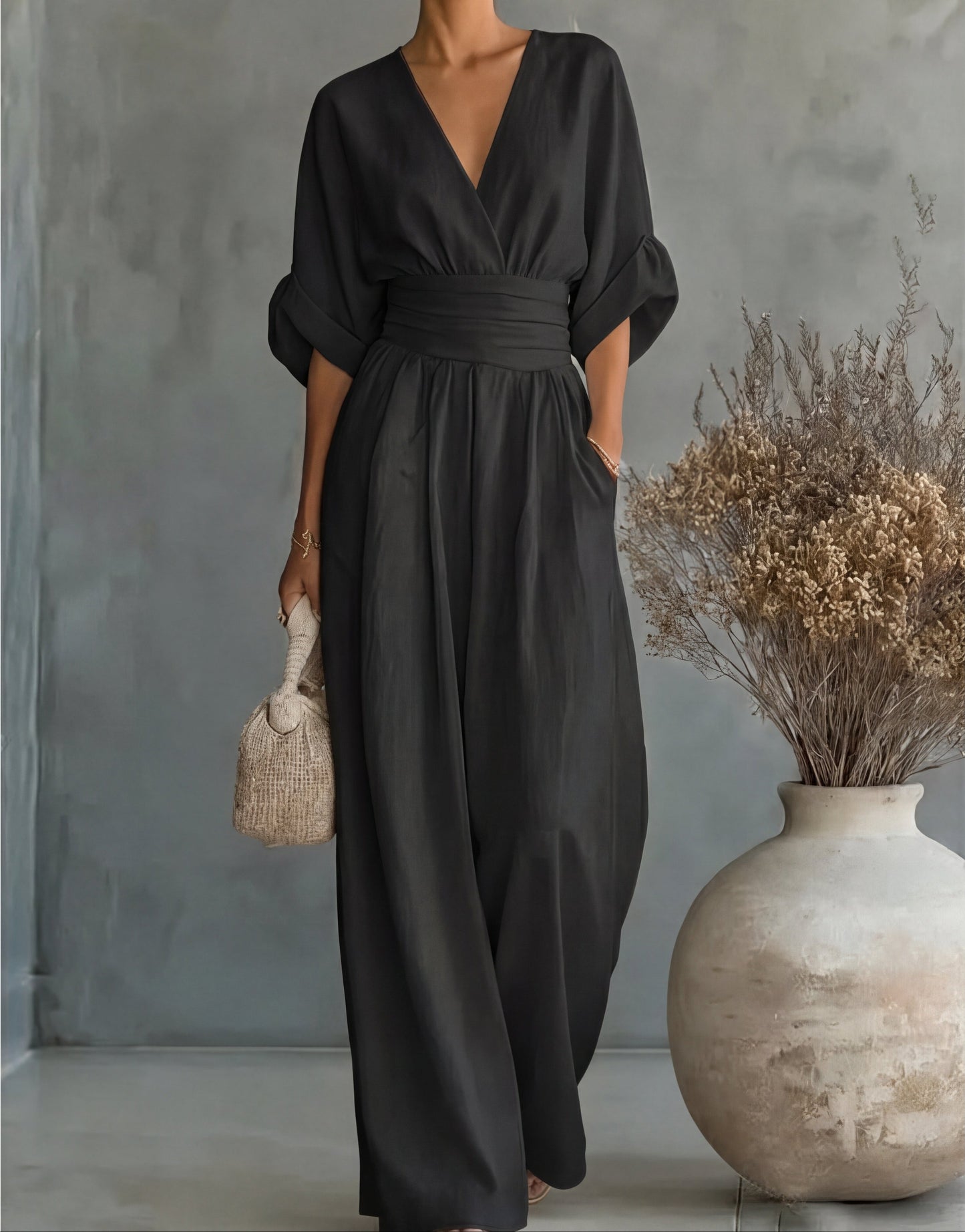 Comfortable Jumpsuit for Women with V Neck Wide Leg