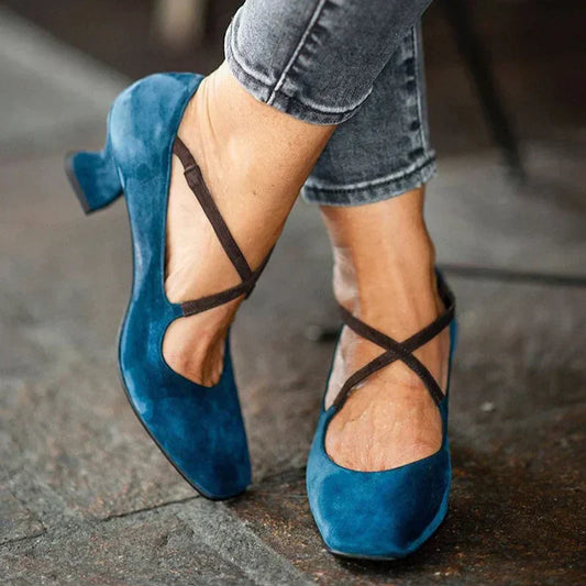 Comfortable Blue Heels for Women with Block Heel Square Toe Style