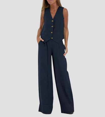 Comfortable Two Piece Set for Women with V Neck Sleeveless Wide Leg