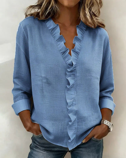 Stylish Blouse for Women with V Neck Long Sleeve Ruffled