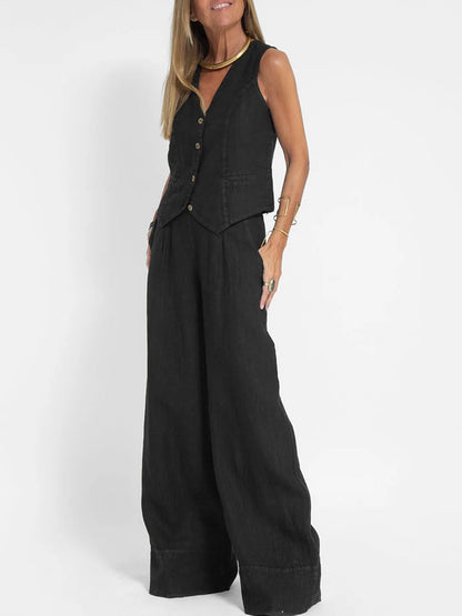 Comfortable Two Piece Set for Women with V Neck Sleeveless Wide Leg