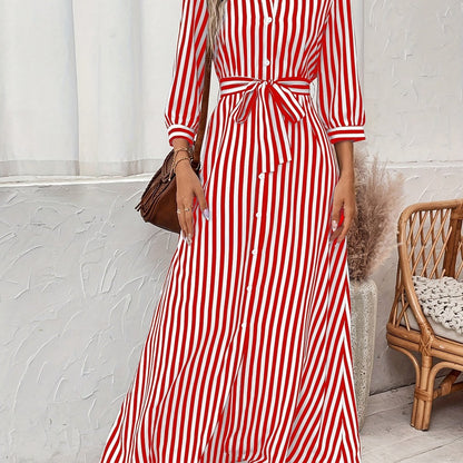 Effortless Striped Maxi Dress for Women with Collared Belted
