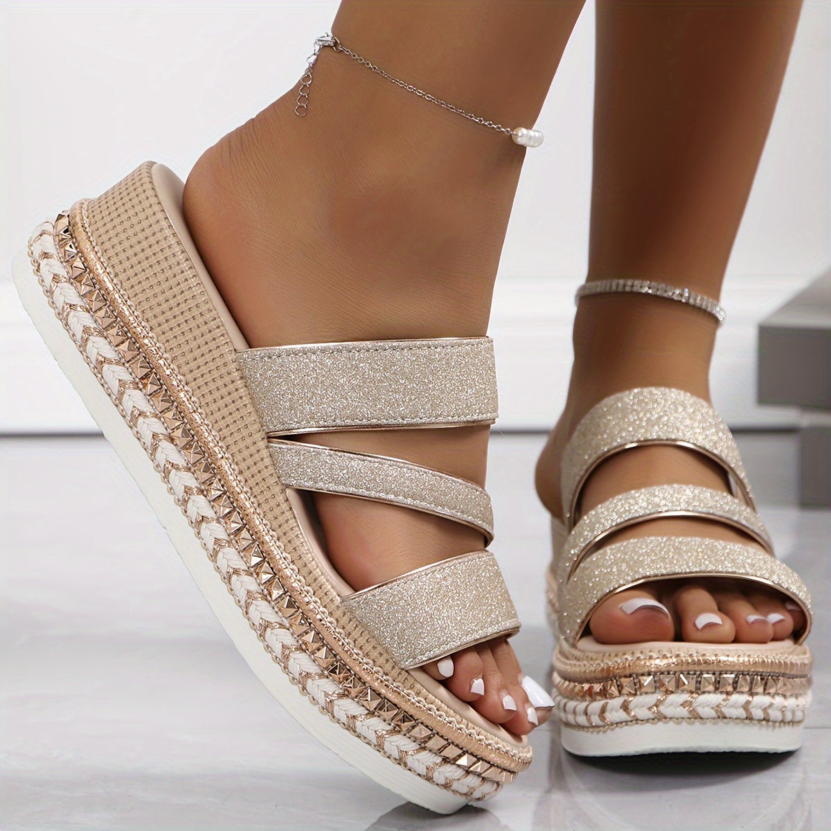 Comfortable Beige Wedge Sandals for Women with Slip On Cushioned Style