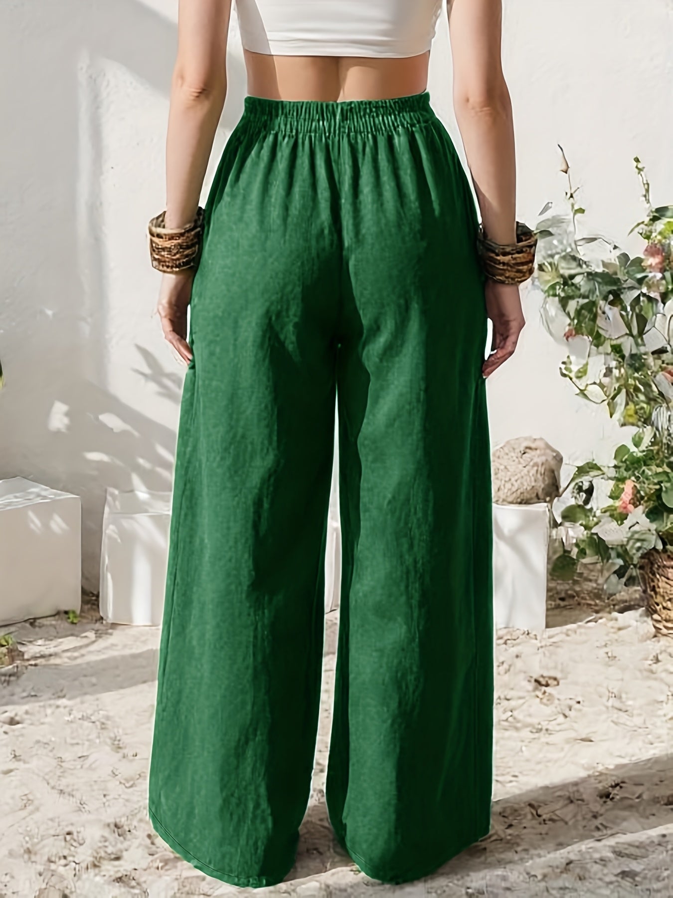 Stylish Wide Leg Linen Pants for Women with High Waist Relaxed Pocket Detail