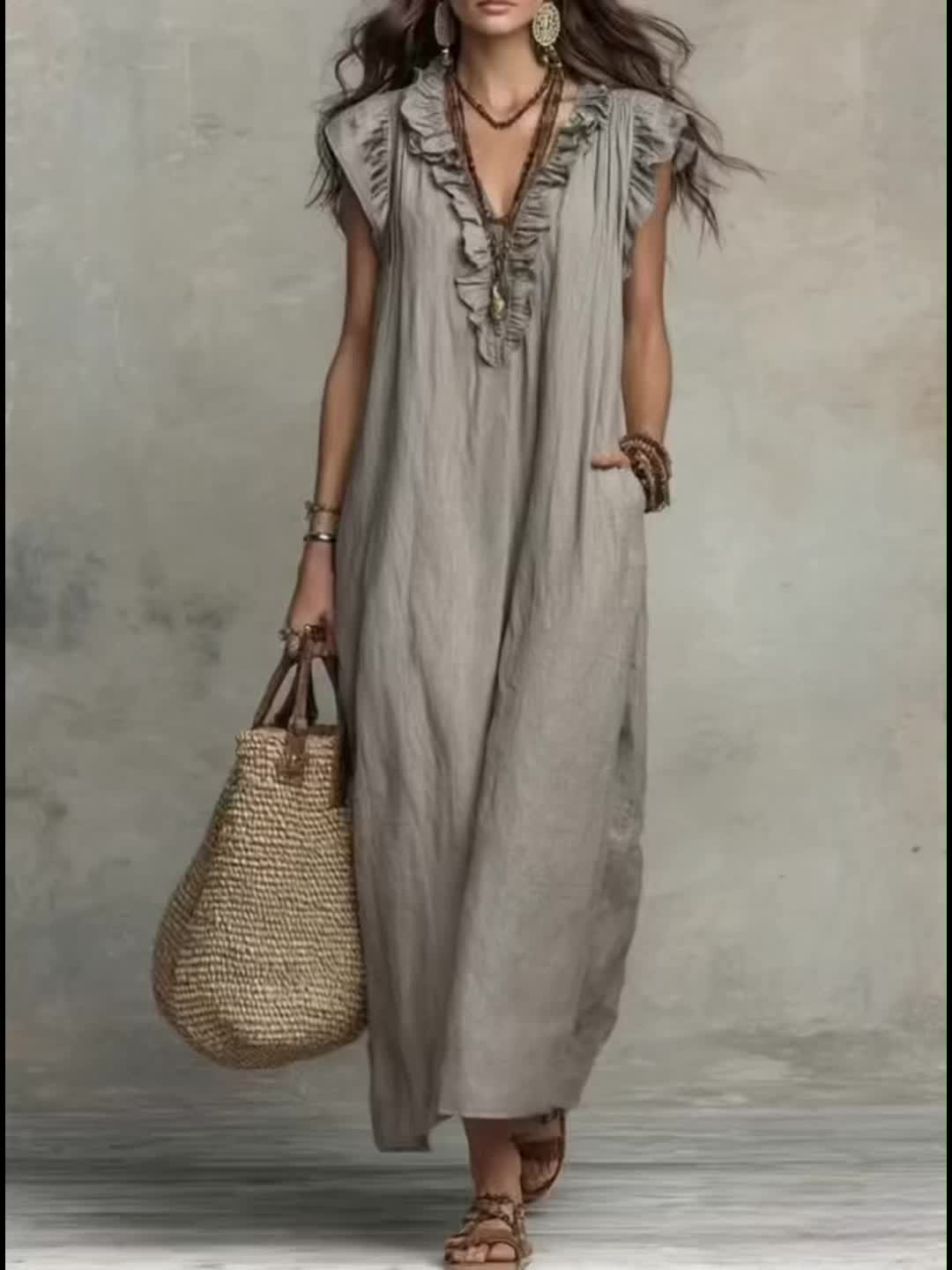 Effortless Maxi Dress for Women with V Neck Ruffled