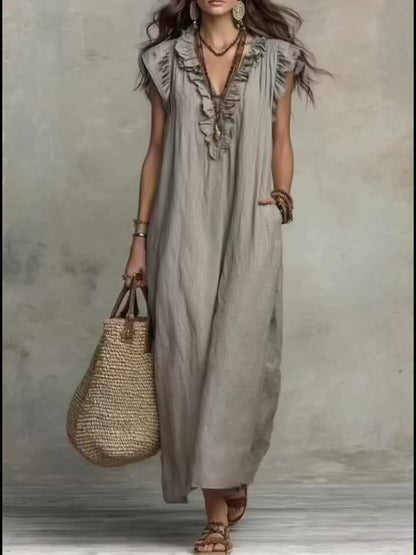 Effortless Maxi Dress for Women with V Neck Ruffled