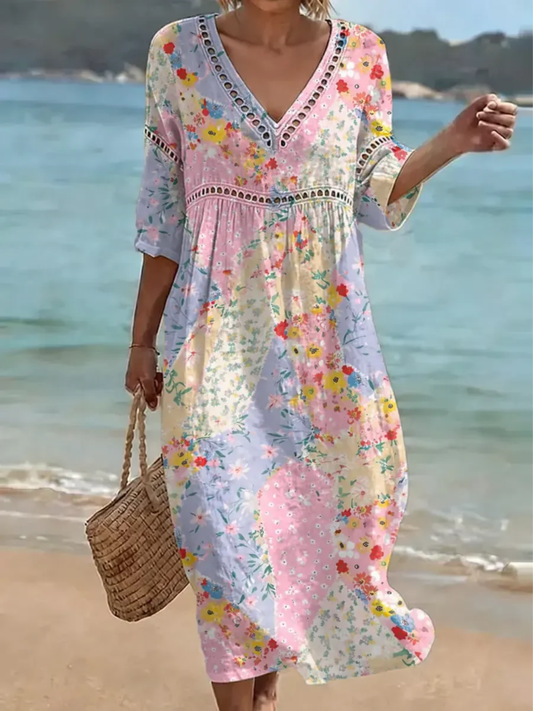 Elegant Floral Mini Dress for Women with V Neck