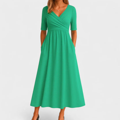 Elegant Wrap V Neck Maxi Dresses for Women with Short Sleeve Empire Waist Ruched Pocket Long Dress Style