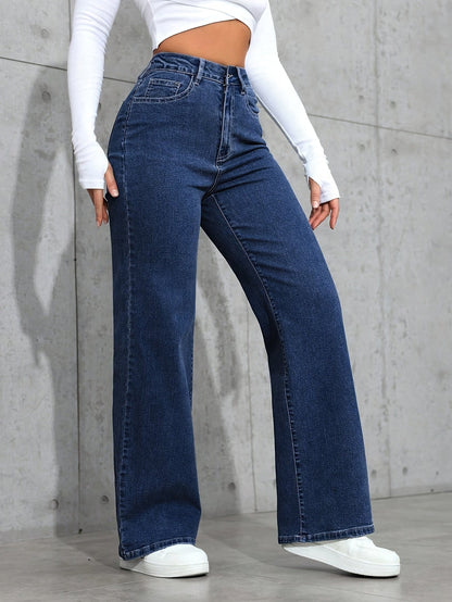 Effortless Relaxed Blue Wide Leg Jeans for Women with High Waist Flowing Style