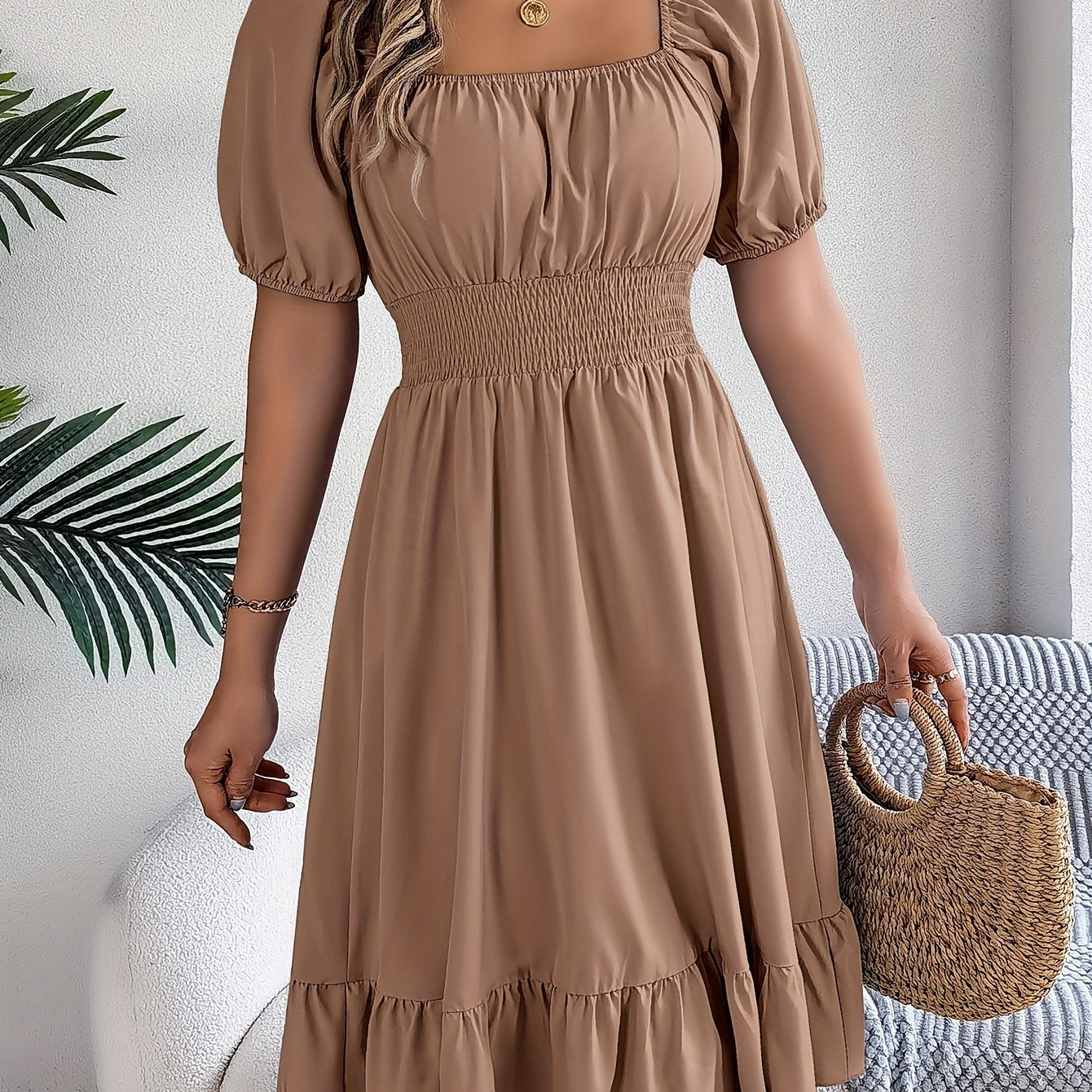Elegant Evening Dress for Women with Square Neck Puff Sleeve A Line Formal Wedding Guest Style