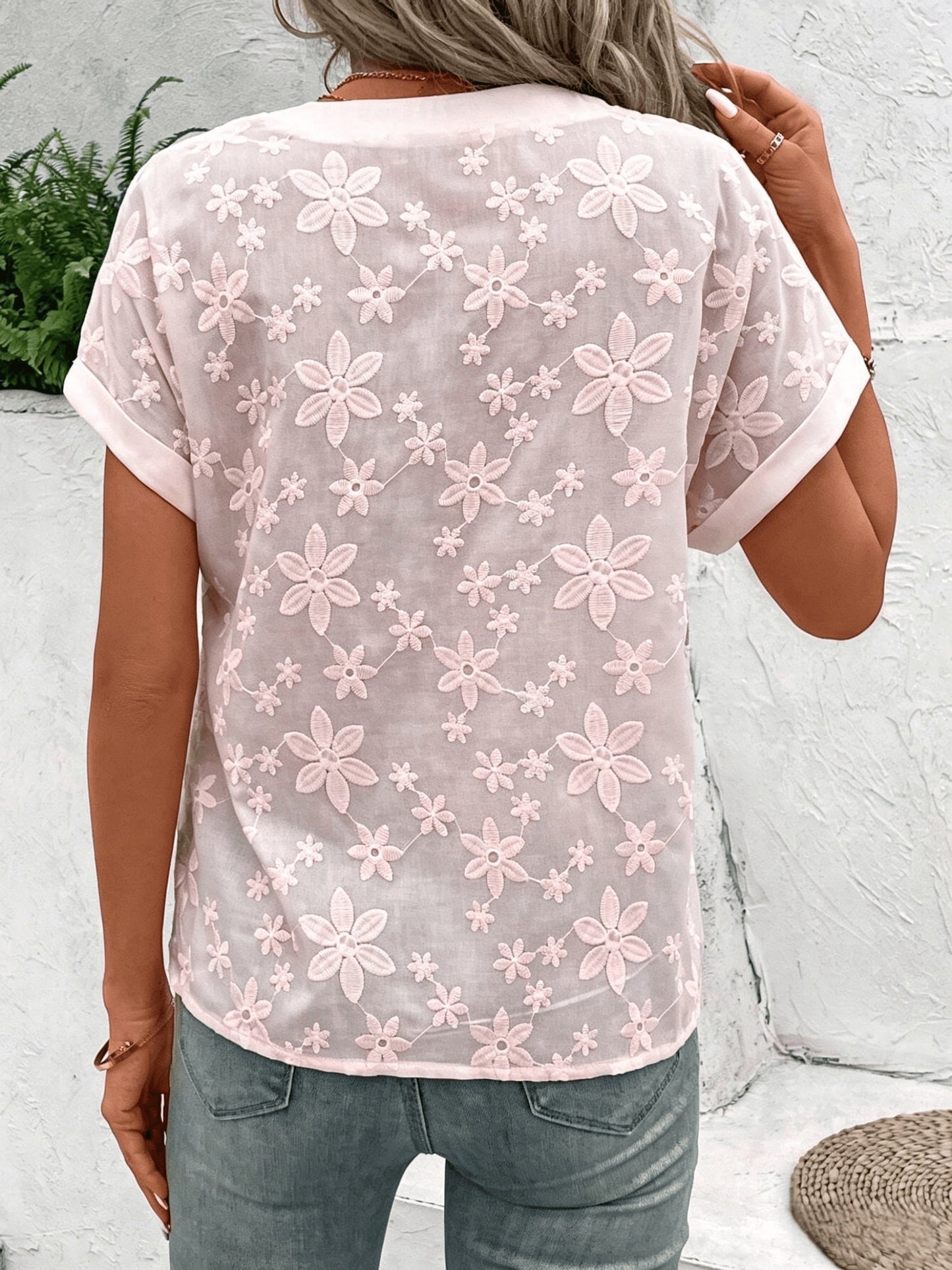 Effortless White Floral Blouse for Women with V Neck Batwing Sleeve