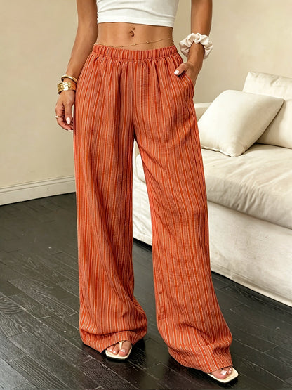 Effortless Linen Wide Leg Pants for Women with High Waist Pocket Flowing Relaxed Casual Style