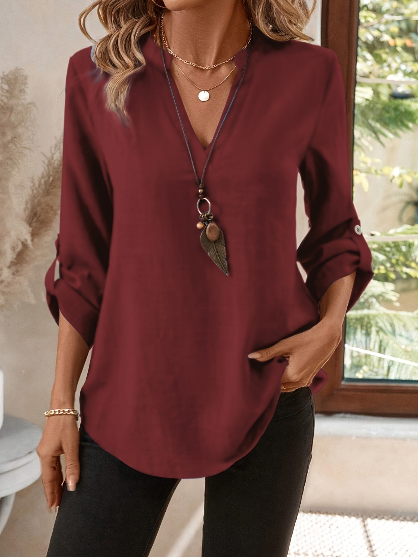 Elegant Blouse for Women with V Neck Roll Tab Sleeve