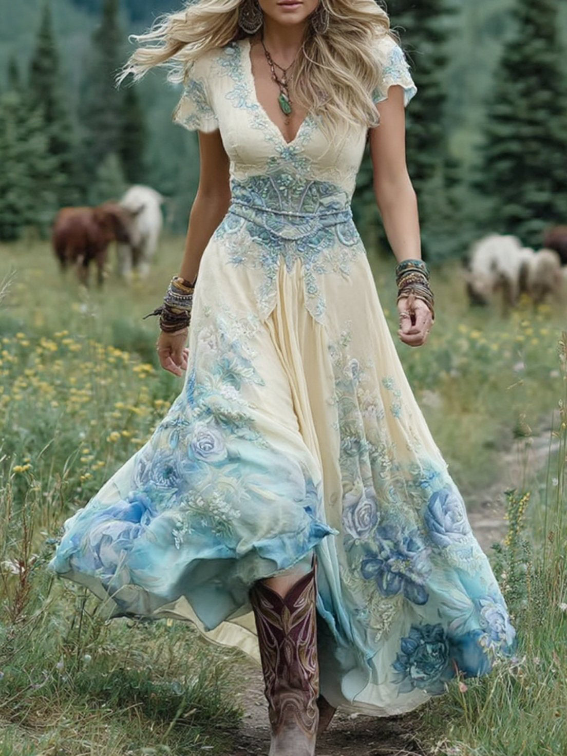 Effortless Floral Maxi Dress for Women with V Neck