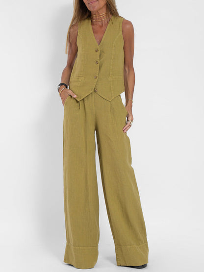 Comfortable Two Piece Set for Women with V Neck Sleeveless Wide Leg