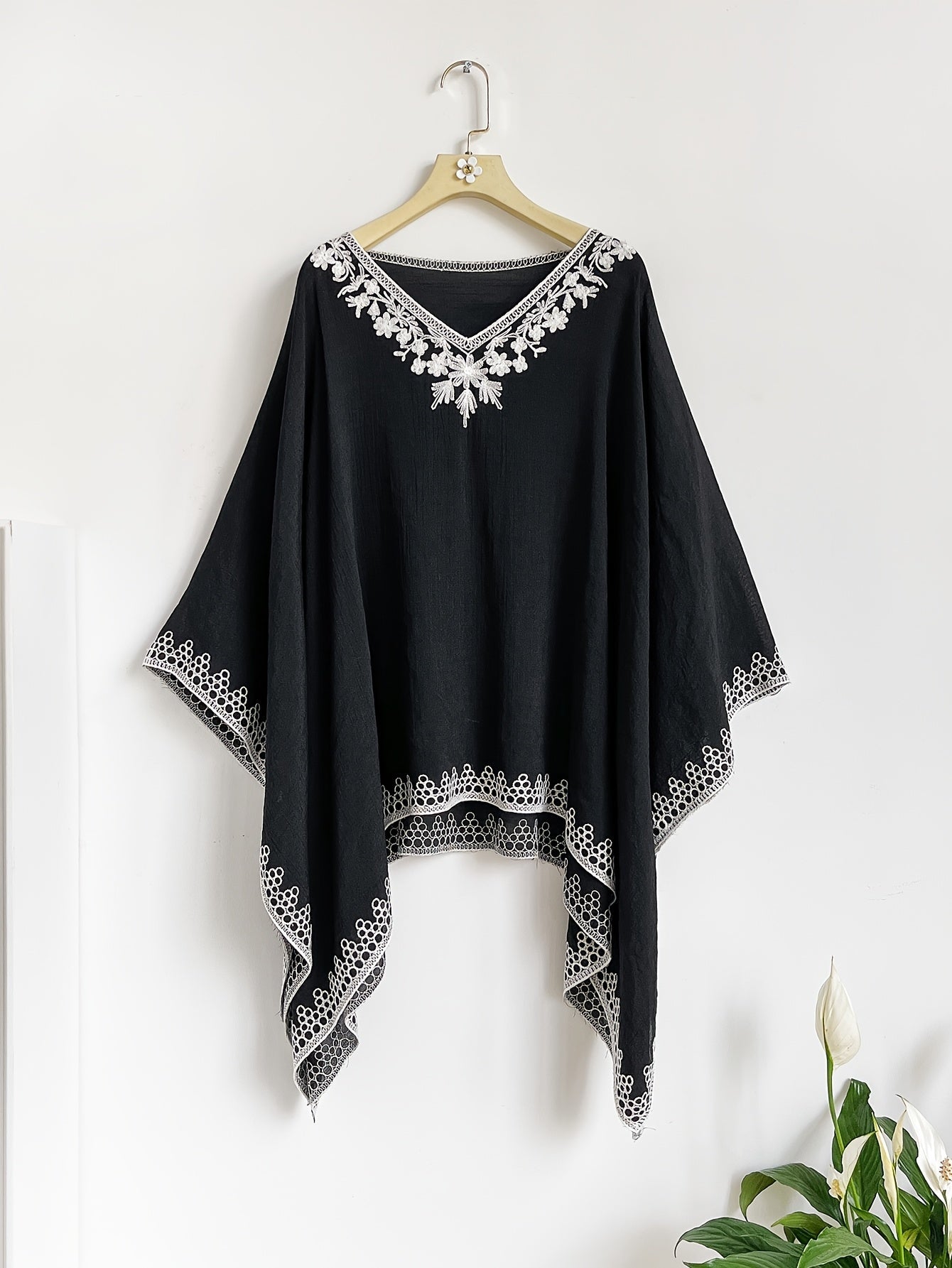 Effortless Poncho Shirt for Women with Embroidered Trim Batwing Sleeve Style