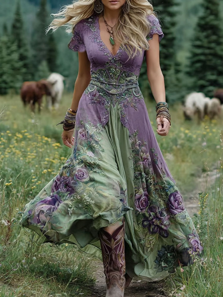 Effortless Floral Maxi Dress for Women with V Neck
