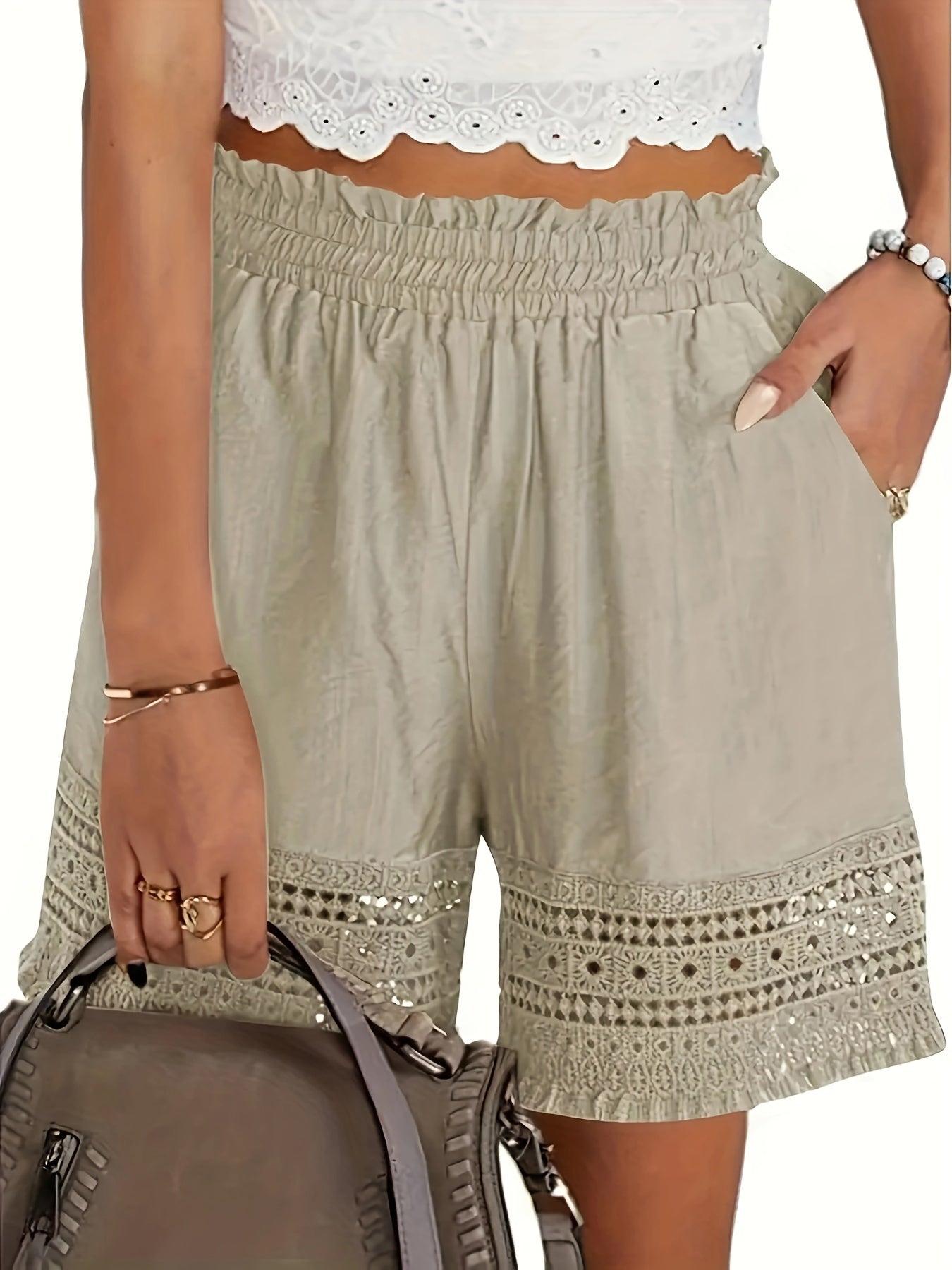 Comfortable Lace Shorts for Women with Elastic Waist Pockets