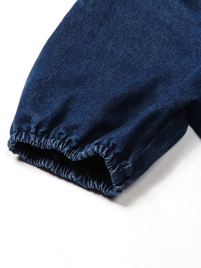 Elegant Blue Denim Maxi Dress for Women with Collar Puff Sleeve Front Slit Style
