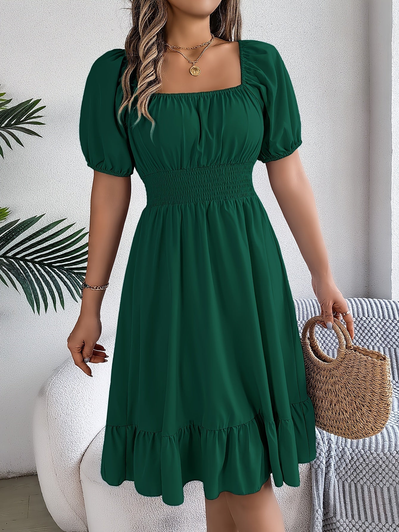 Elegant Evening Dress for Women with Square Neck Puff Sleeve A Line Formal Wedding Guest Style