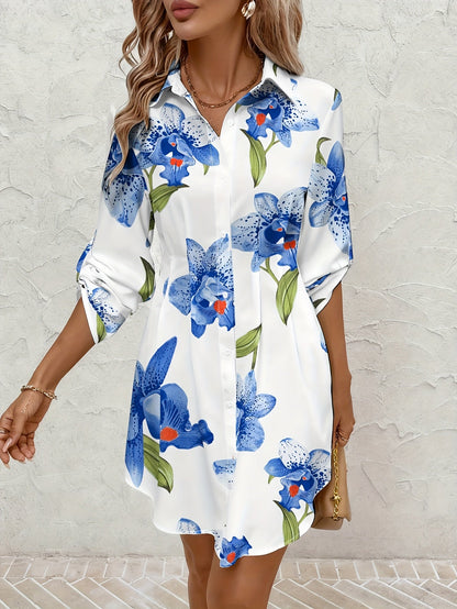 Effortless Floral Shirt Dress for Women with Collared Button Front