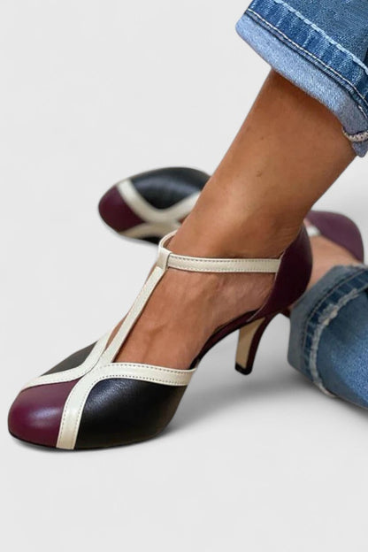 Comfortable Color Block Heels for Women with T Strap Style