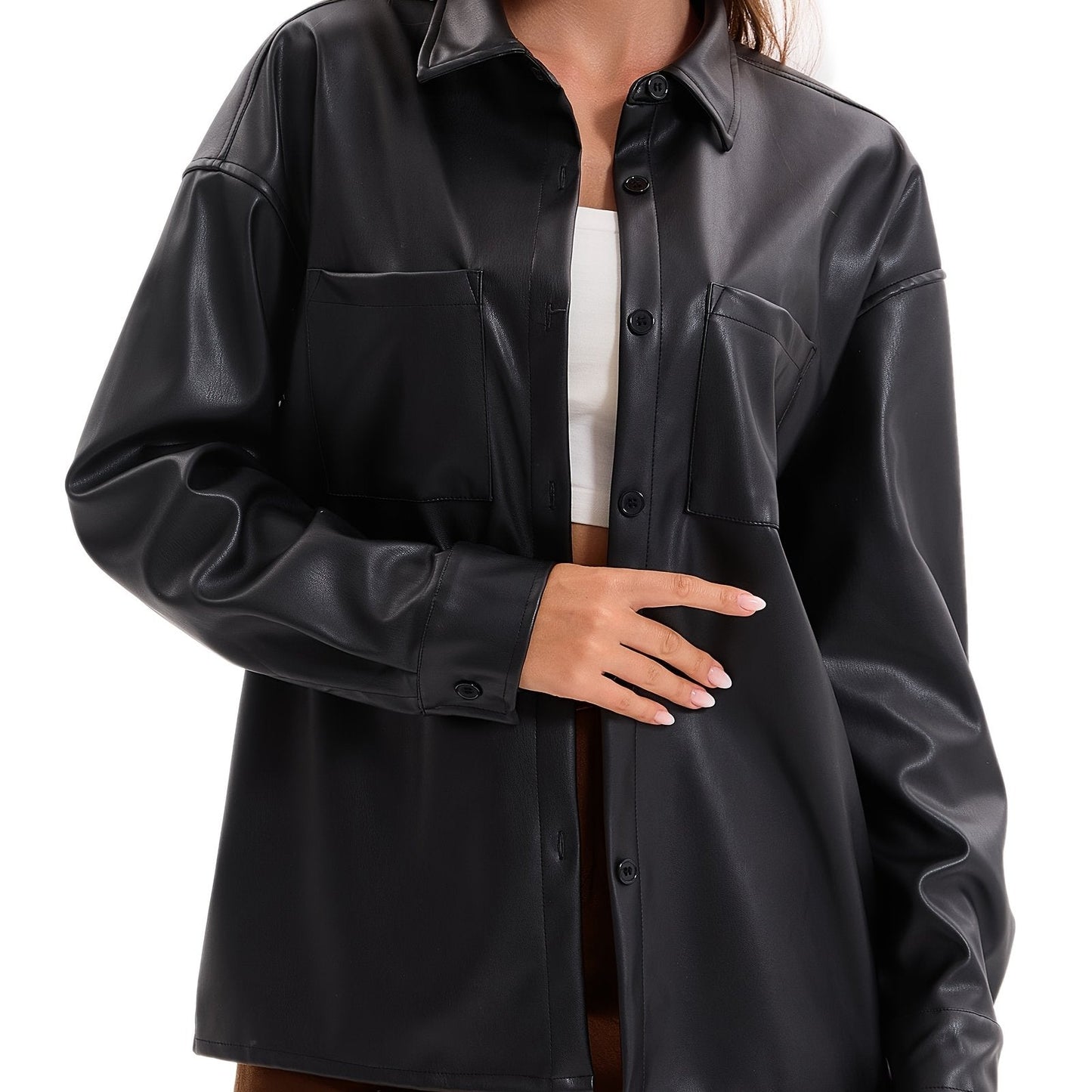 Effortless Leather Shirt Jacket for Women with Collar Button Front Relaxed Style