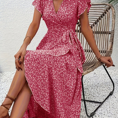 Effortless Floral Wrap Mini Dress for Women with V Neck