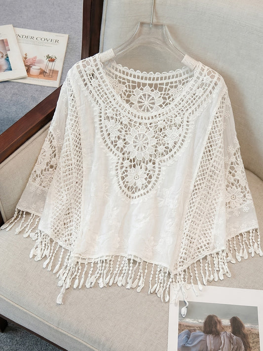 Effortless Ivory Poncho Shirts for Women with Crochet Fringe Hem Style