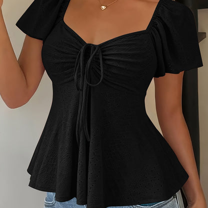 Effortless Blouse for Women with Sweetheart Neck Flutter Sleeve Peplum