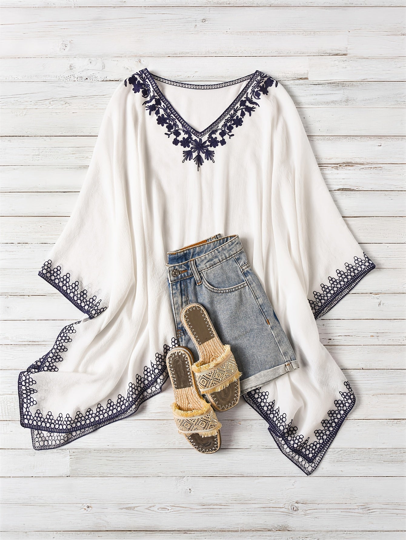 Effortless Poncho Shirt for Women with Embroidered Trim Batwing Sleeve Style