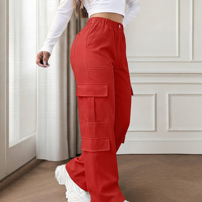 Effortless Red Cargo Pants for Women with High Waist Wide Leg Pocket Style