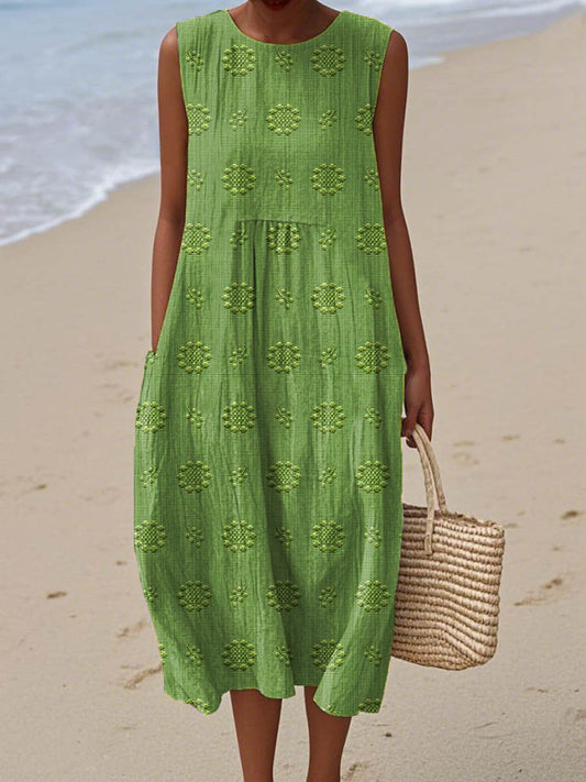 Stylish Floral Midi Dress for Women with Sleeveless Pocket
