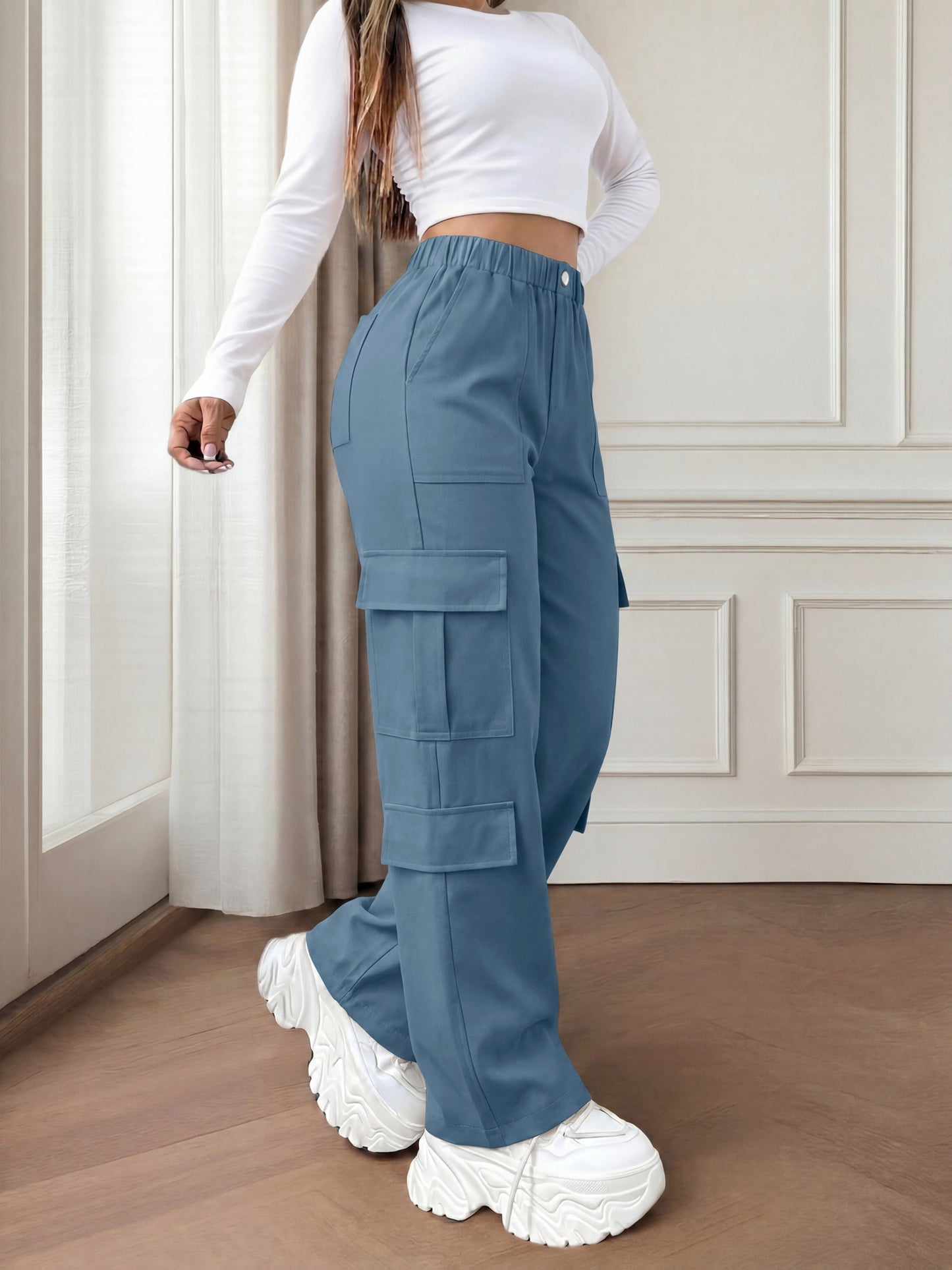 Effortless Red Cargo Pants for Women with High Waist Wide Leg Pocket Style