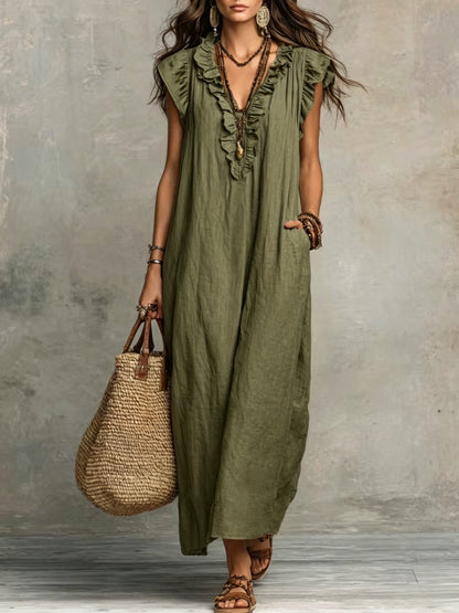 Effortless Maxi Dress for Women with V Neck Ruffled