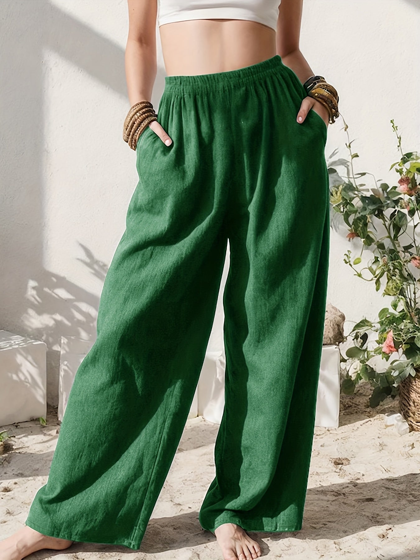 Stylish Wide Leg Linen Pants for Women with High Waist Relaxed Pocket Detail