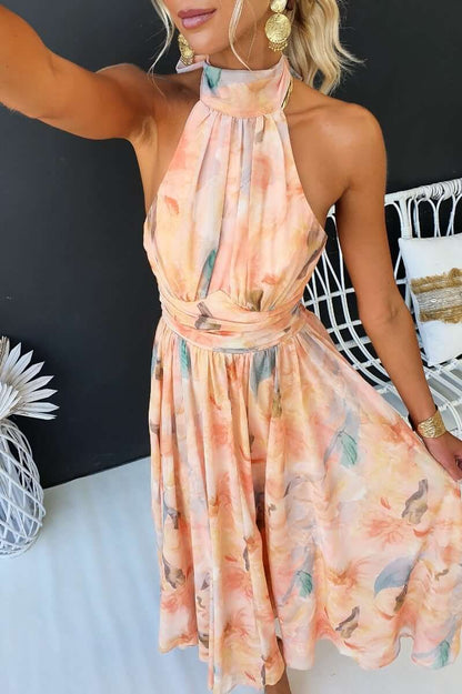 Effortless Orange Floral Maxi Dress for Women with High Neck Sleeveless